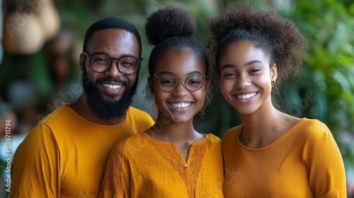 Family poses for cheerful portrait in warm yellow outfits amidst greenery in ...