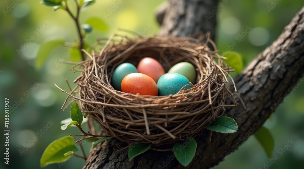 bird's nest nestled in a tree branch, filled with colorful eggs bird's nest nestled in a tree branch, filled with colorful eggs