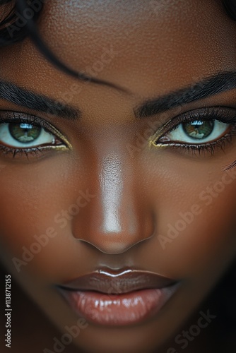 Woman with curly hair and striking blue eyes shows freckles during natural li...