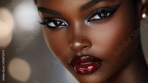 Close up of a model showcasing bold eyeliner and flawless makeup in natural l...