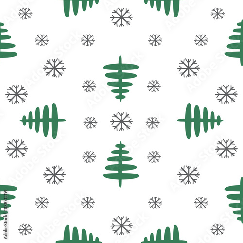 Winter seamless pattern colorful with Christmas trees growing among snowdrifts and snowflakes in cold forest vector illustration