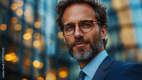 Professional man in a suit with glasses standing in an urban environment duri...