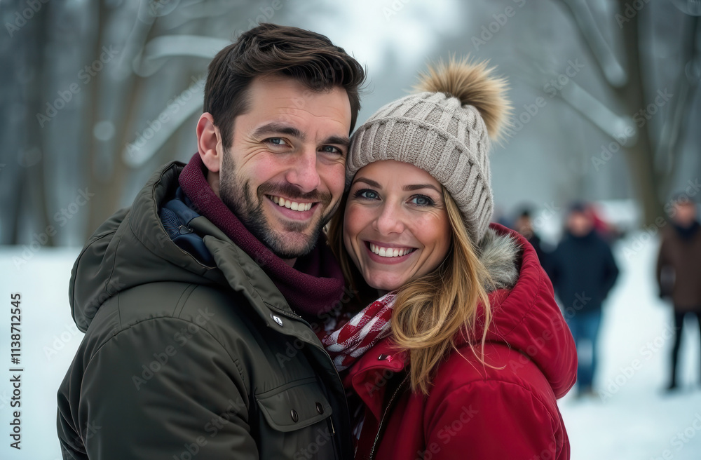 Happy couple in winter clothes against a background of snow. Portrait of a man and woman in a winter park. Happy couple in winter clothes against a background of snow. Portrait of a man and woman in a winter park.