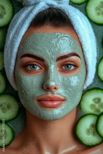 Woman relaxing with a facial mask and cucumber slices at a spa setting