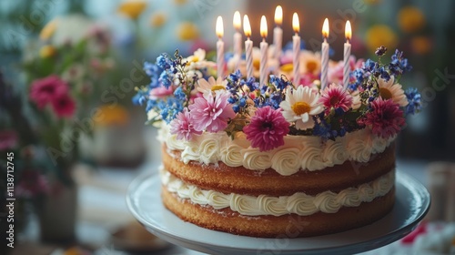 Beautifully decorated cake with candles and flowers at a celebration event in...