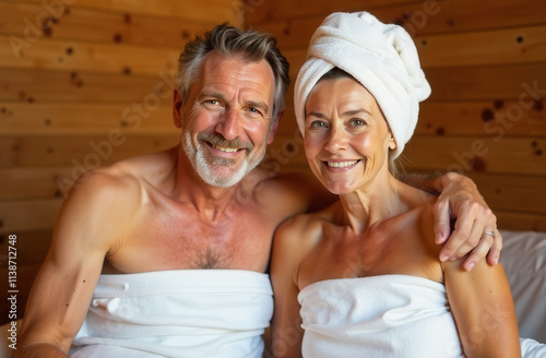 Elderly man and woman in a sauna in a spa salon. An elderly happy couple is relaxing in a wooden bathhouse. An older man and woman in a white robe and towel in the sauna.