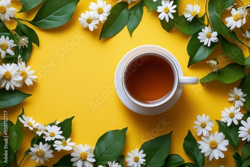 Fresh herbal tea surrounded by white flowers on a bright yellow background