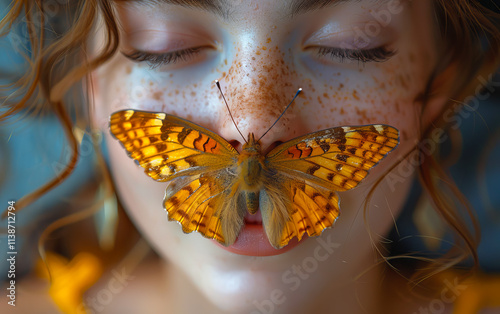 Stylish expressive portrait of a young woman with captivating eyes and a multi-colored butterfly on her face. Perfect for beauty and high fashion themes, music album covers or social network design. photo