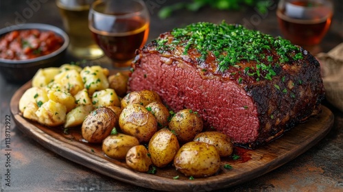 Delicious roast beef served with seasoned potatoes and garnished herbs at a v...