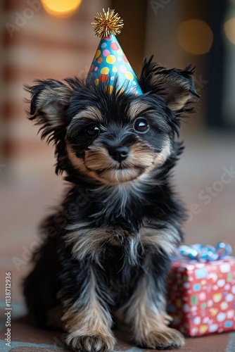 Happy dog celebrates birthday with festive hat and colorful decorations around