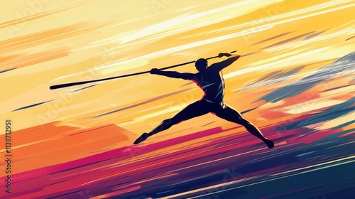 An energetic illustration of a javelin thrower mid-action against a radiant sunset backdrop. The bold strokes and vibrant colors add intensity and movement. AI generated. photo