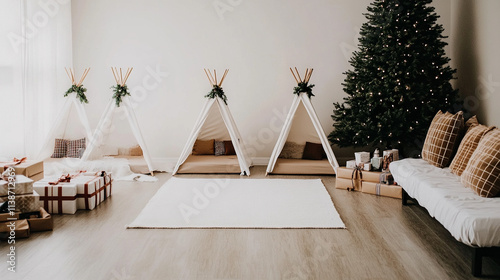 A cozy slumber party is in full swing with plush bedding, festive pillows, and twinkling lights surrounding a beautifully decorated Christmas tree and wrapped gifts