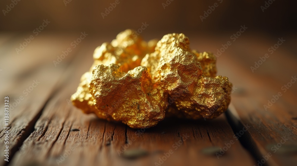 gold nugget on a rustic wooden table, showcasing its natural beauty and texture gold nugget on a rustic wooden table, showcasing its natural beauty and texture