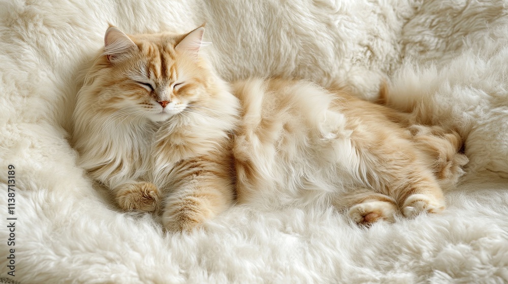 Fluffy Cream-Colored Cat Sleeping on Soft White Fur. Fluffy Cream-Colored Cat Sleeping on Soft White Fur.