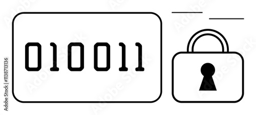 Large 010011 numeric code adjacent to secure padlock symbol on plain backdrop. Ideal for cybersecurity, encryption, data protection, coding, programming, secure communications, and privacy themes