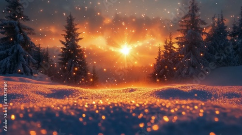 Snowfall at dusk with a glowing horizon and starry sky in a serene winter lan...