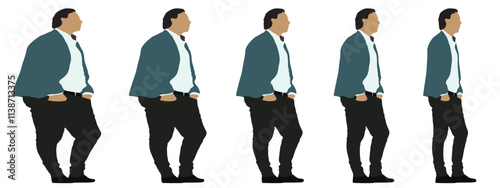 Conceptual fat overweight obese man vs slim fit healthy body after weight loss or diet, white background banner. A  fitness, nutrition or obesity, health care shape illustration vector as silhouettes