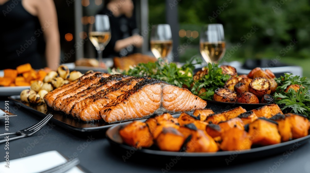 A table filled with gourmet grilled salmon, potatoes, and wine creates an elegant, inviting dining experience in a serene outdoor setting. A table filled with gourmet grilled salmon, potatoes, and wine creates an elegant, inviting dining experience in a serene outdoor setting.
