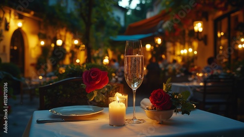 Dinner setting with sparkling drinks and gourmet meal during golden hour at o...