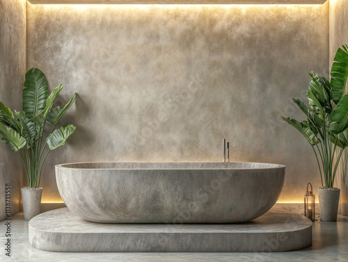 A minimalist bathroom features a freestanding oval bathtub made of natural stone, set against a wall with a textured microcement finish.