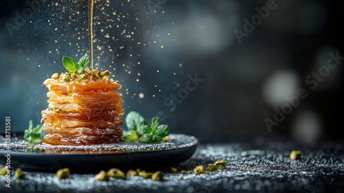 Dessert tower of flaky pastry drizzled with syrup garnished with nuts and min...