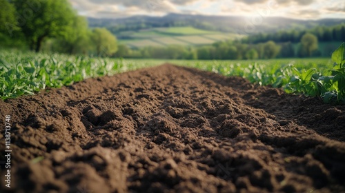 Cropped landscape with neat rows of young plants under a blue sky in rural co...