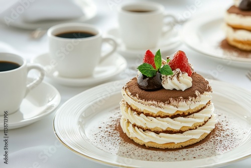 Classic tiramisu dessert served with coffee on a linen tablecloth creates an elegant dining experience