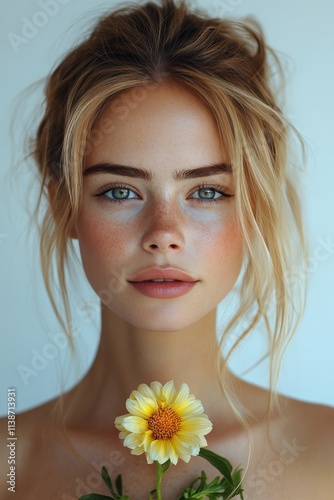 Beautiful model poses with pink flower in soft natural light showcasing her r...
