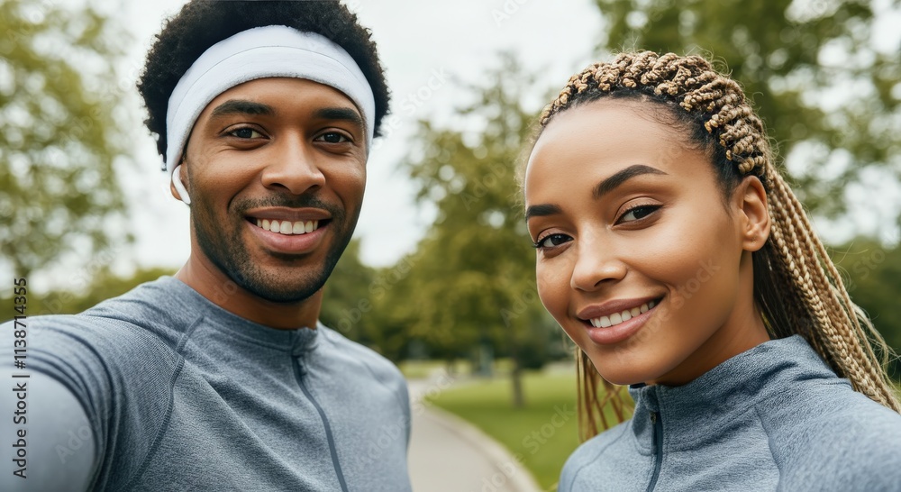 African american couple smiling during outdoor workout in park setting
