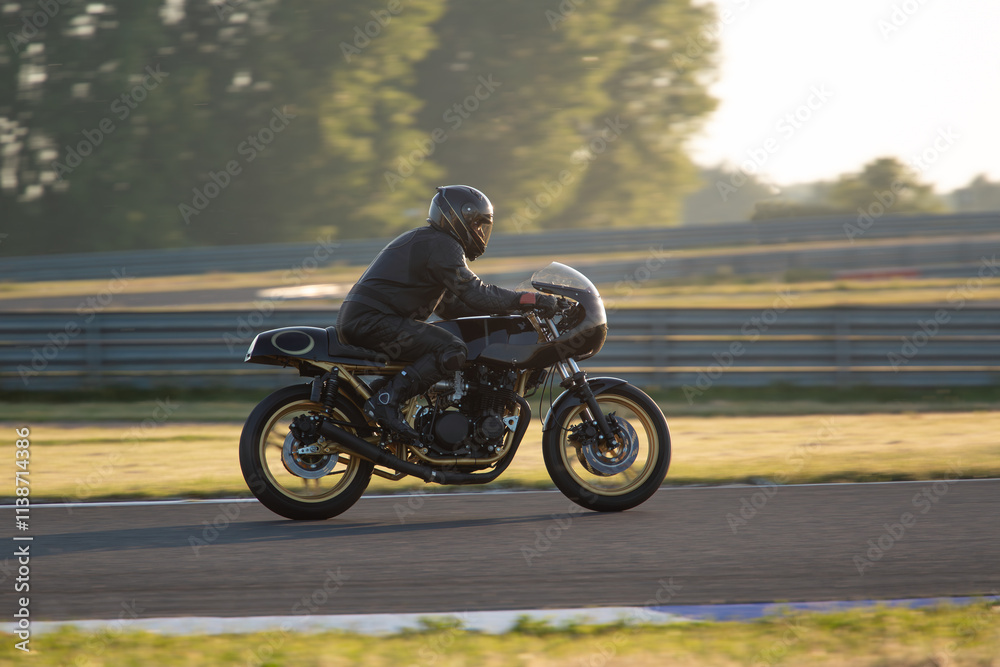 Fototapeta premium Motorcycle rider on a black classic motorcycle riding on a straight.