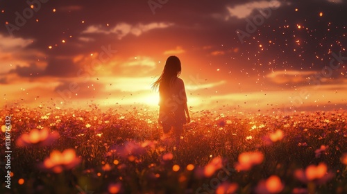 Beautiful sunset casting warm glow over flowers as a figure walks through a v...