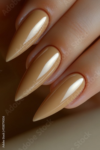 Elegant nude manicure featuring sharp almond shaped nails on a smooth surface