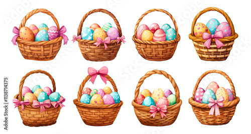 Easter wicker baskets. Straw basket with painted decorative eggs for picnic religion holiday, woven container with colourful egg bow and handles cartoon set vector illustration