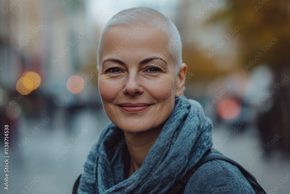 Portrait of a smiling middle aged American woman without hair in city Portrait of a smiling middle aged American woman without hair in city