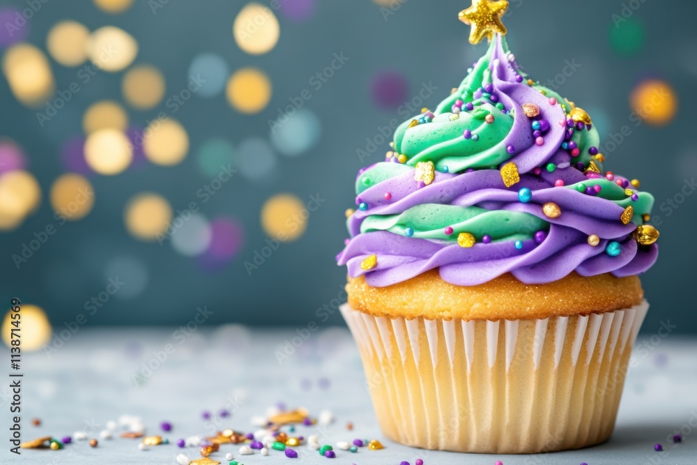 Creative King Cake cupcake with vibrant icing and edible glitter perfect for celebrations and festive occasions Creative King Cake cupcake with vibrant icing and edible glitter perfect for celebrations and festive occasions