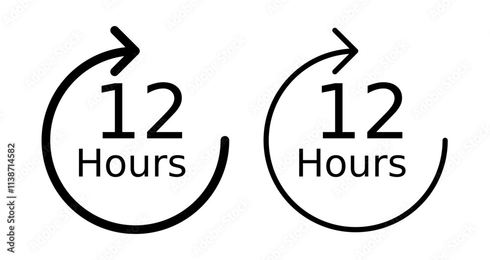 12 Hours clock Icons set in solid and thin line style 12 Hours clock Icons set in solid and thin line style