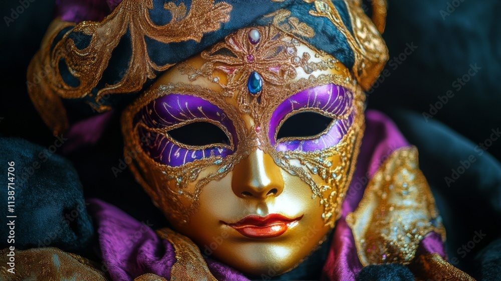 Intricate golden mask adorned with purple and black fabrics at a festive celebration