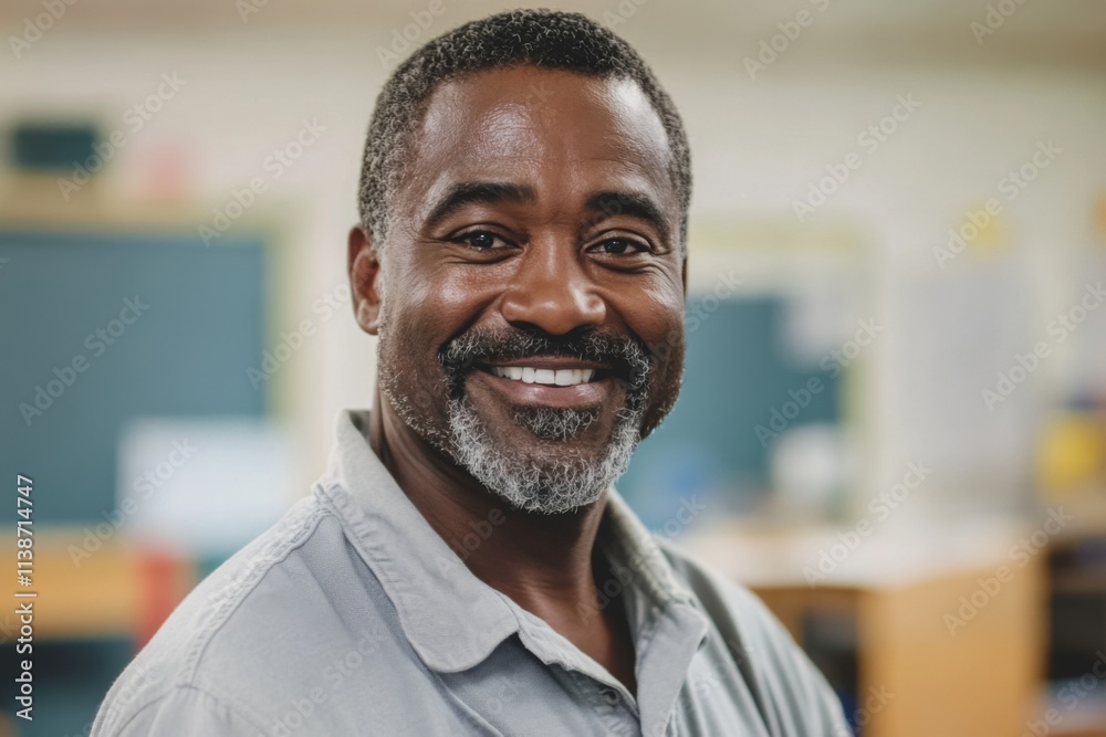 Portrait of a smiling African American school janitor in elementary school Portrait of a smiling African American school janitor in elementary school