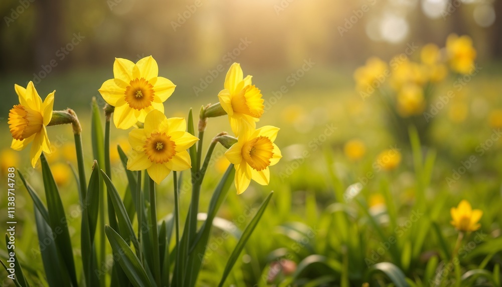 Fresh Yellow Daffodils in Sunlit Garden Setting Fresh Yellow Daffodils in Sunlit Garden Setting