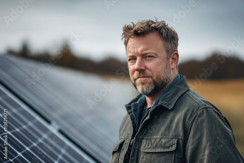 Portrait of a middle aged male engineer in front of solar panels