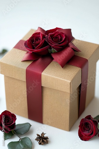 Beautifully wrapped gift box surrounded by red roses on a light background
