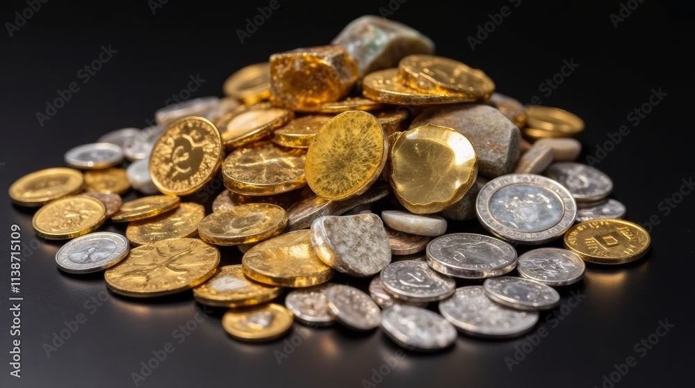 Various precious metals such as gold bars, silver coins, and platinum ingots arranged on a dark surface, softly reflecting light, emphasizing wealth and high value.