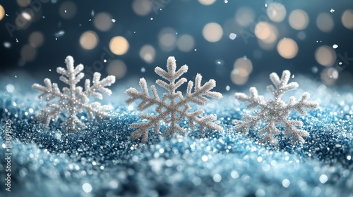 Frosty snowflakes delicately surround a tranquil blue background highlighting...