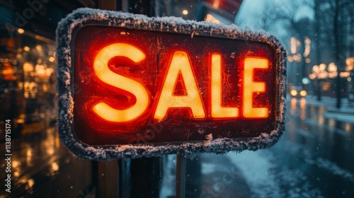 Sale sign covered in frost on a chilly winter day in a quiet outdoor setting