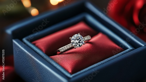 Engagement ring displayed in a velvet box on a rich red fabric