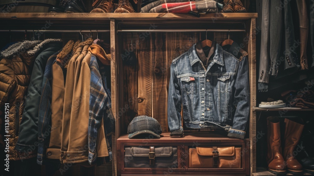Wooden wardrobe with jackets and denim in a stylish interior Wooden wardrobe with jackets and denim in a stylish interior