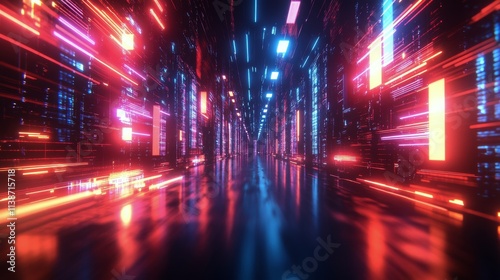 Digital corridor with vibrant lights and reflections created in a futuristic ...