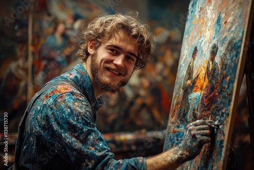 Young artist smiling while painting a colorful scene in a studio filled with artwork and creative energy. Generative AI photo