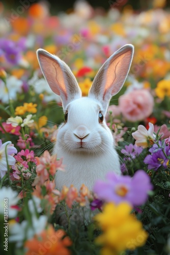 Rabbit among colorful flowers in a vibrant spring garden