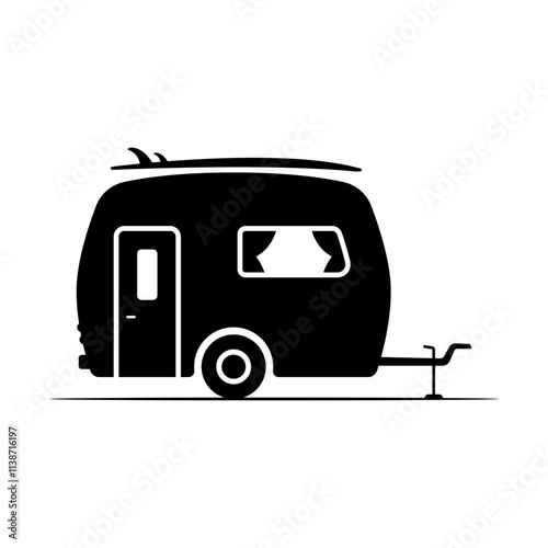 Caravan icon. Camper, surfboard. Black silhouette. Side view. Vector simple flat graphic illustration. Isolated object on white background. Isolate.
